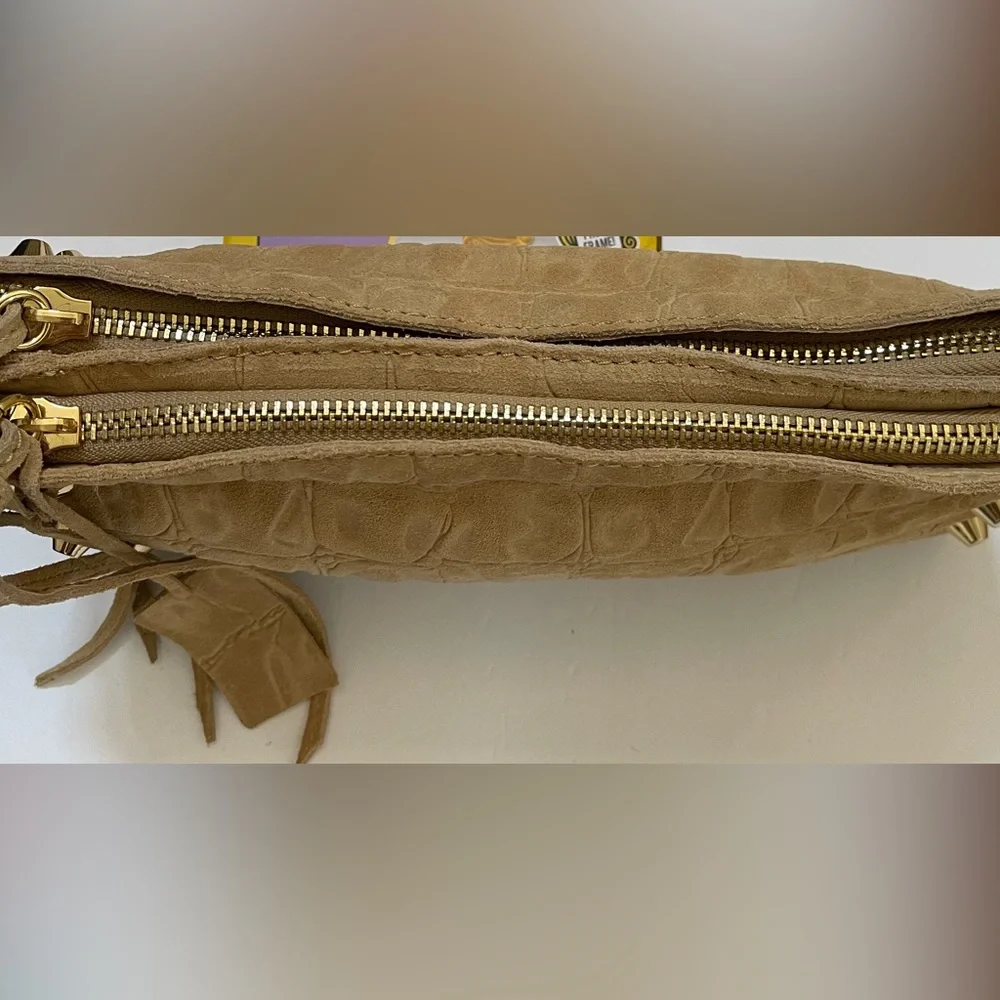 Linea Pelle Designer Clutch Tan Suede Leather Animal Print Gold Studs Lined